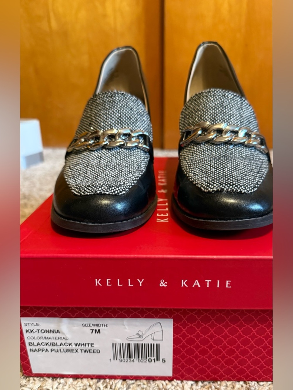 Kelly & Katie Black and White Tweed Chain-Trim Shoes